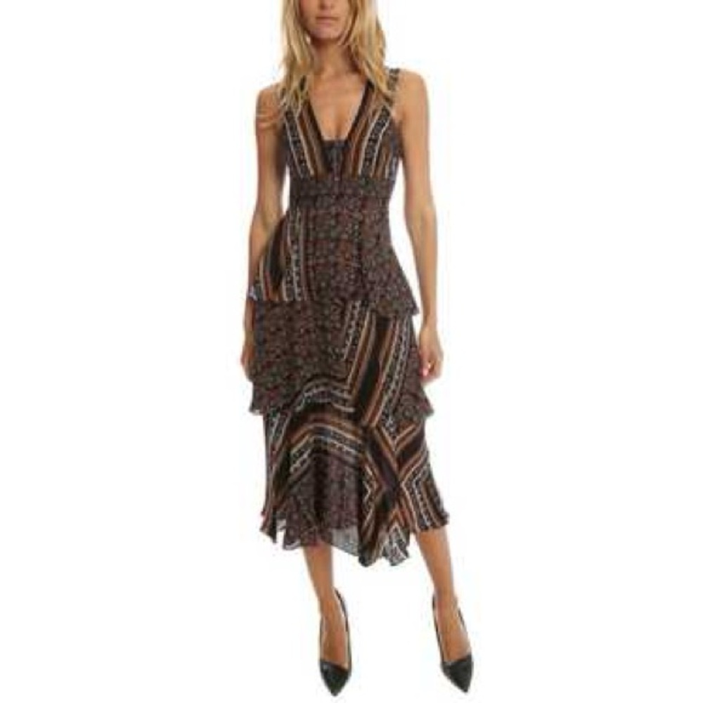 A.L.C. Hayley Scarf-Print Tiered Silk Midi Dress Boho Vacation Spring Size 2. - Picture 5 of 9